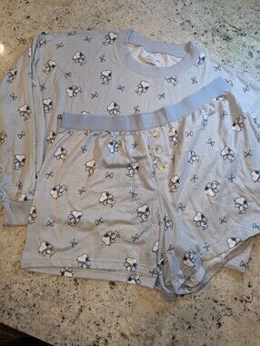 American Eagle AE Lounge Snoopy Pajama Set Blue Peanuts Sleepwear Shorts Set